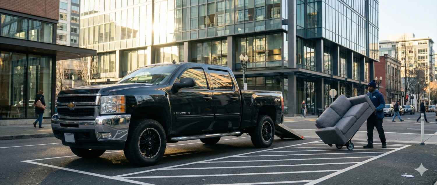 A man in a beanie uses a dolly to carefully lower a grey couch down a ramp from a black pickup truck parked on a city street in front of a modern glass building