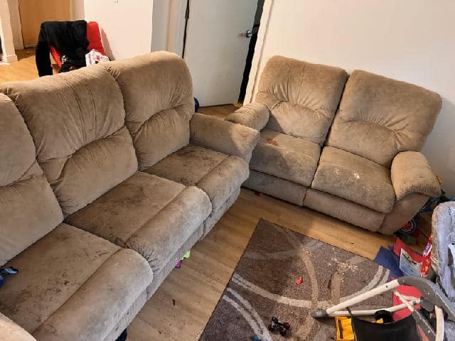 Brown reclining love seat and couch. Furniture removal