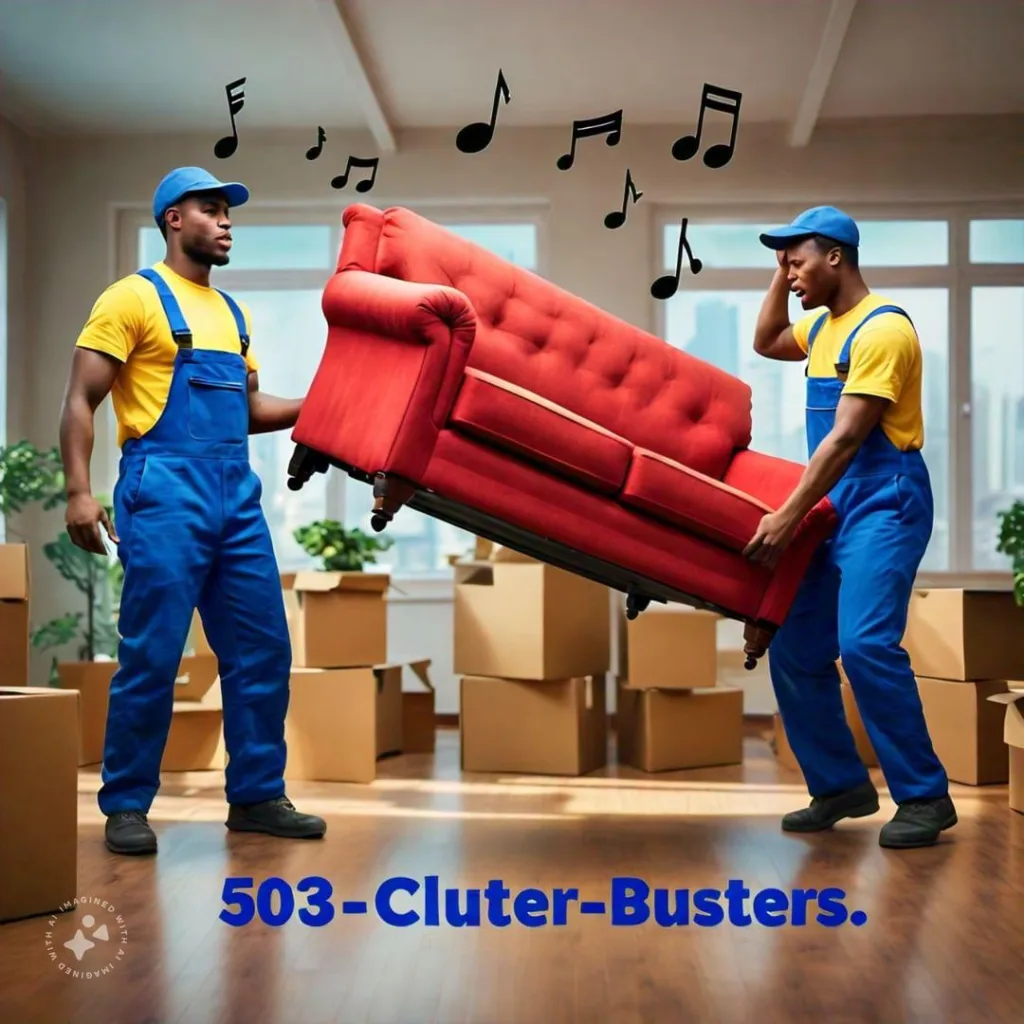 Two movers in blue overalls and yellow shirts carrying a red couch amidst moving boxes and musical notes