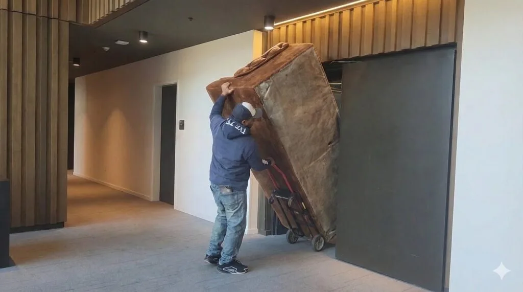 A 503 Clutter Busters team member uses a heavy-duty dolly to maneuver a large brown sectional sofa into a service elevator for removal from a Portland high-rise building.