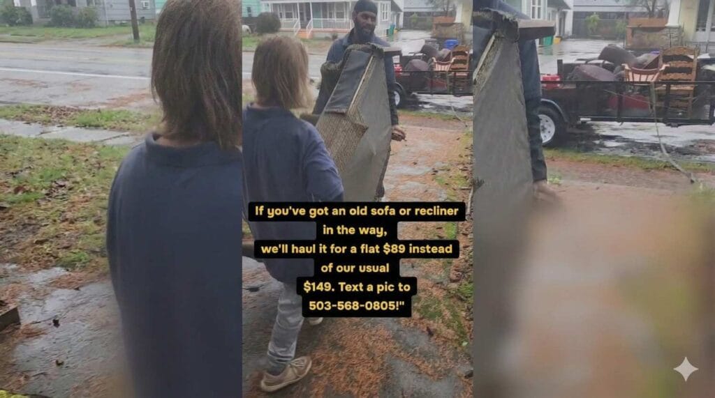 2 men working for 503 Clutter Busters carrying a couch to a trailer