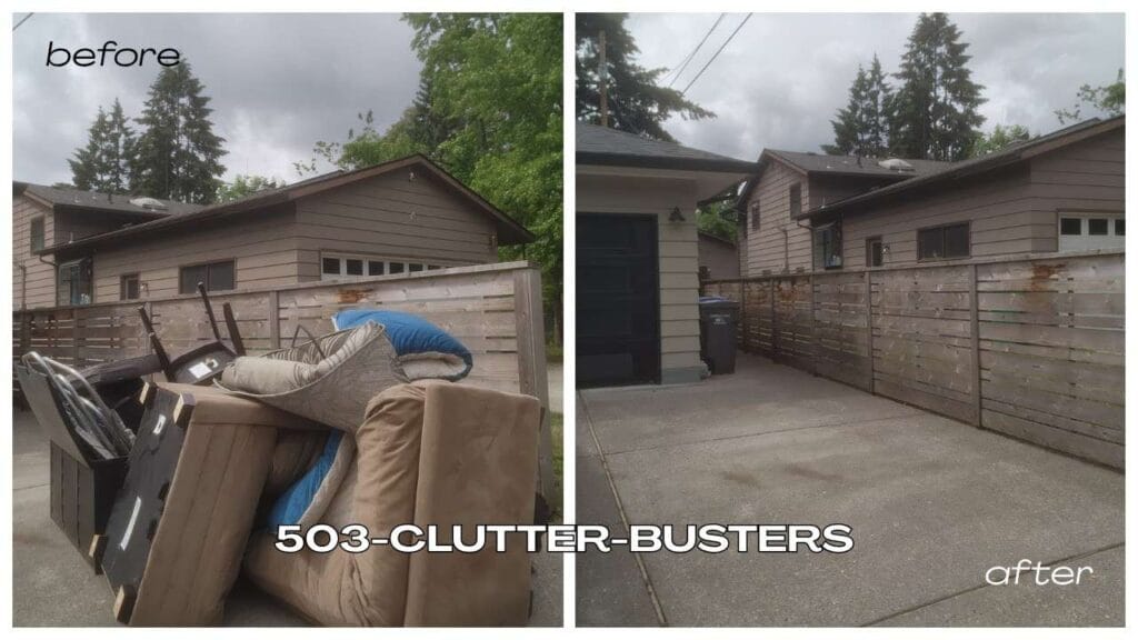 Before and after of a residential site stabilization and driveway clearance in Gresham, showing a complete trauma-informed property reset by 503 Clutter Busters.
