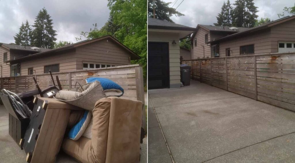 Before and after outdoor furniture removal and patio cleanout by 503 Clutter Busters LLC - pile of couches, chairs and outdoor furniture cleared from driveway leaving clean concrete
