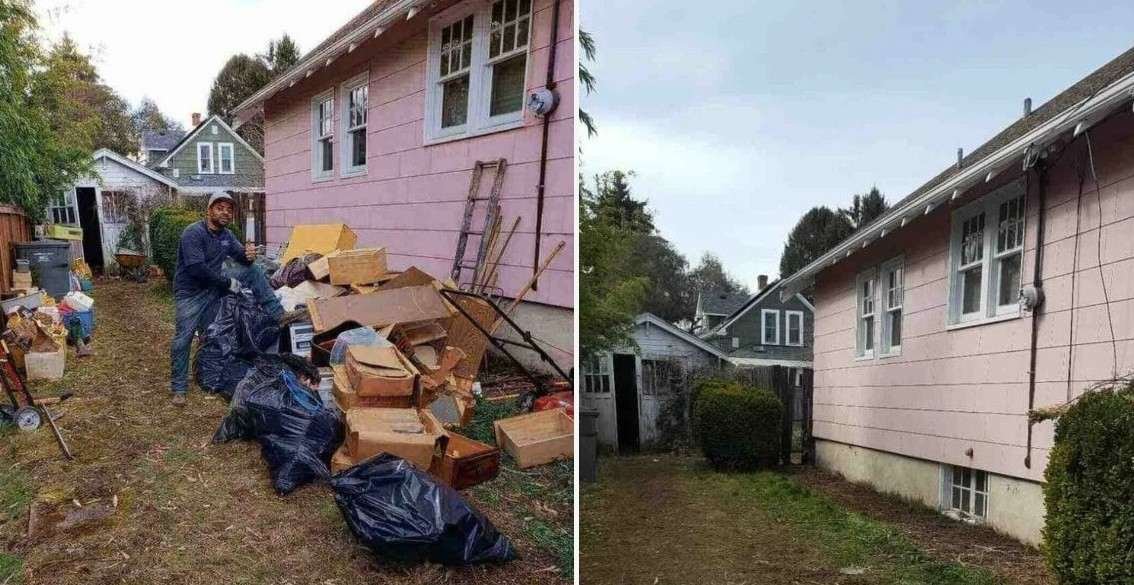 Before and after side yard cleanout by 503 Clutter Busters LLC - large pile of household junk, boxes and black trash bags removed from alongside a house, leaving a clear and clean exterior space.